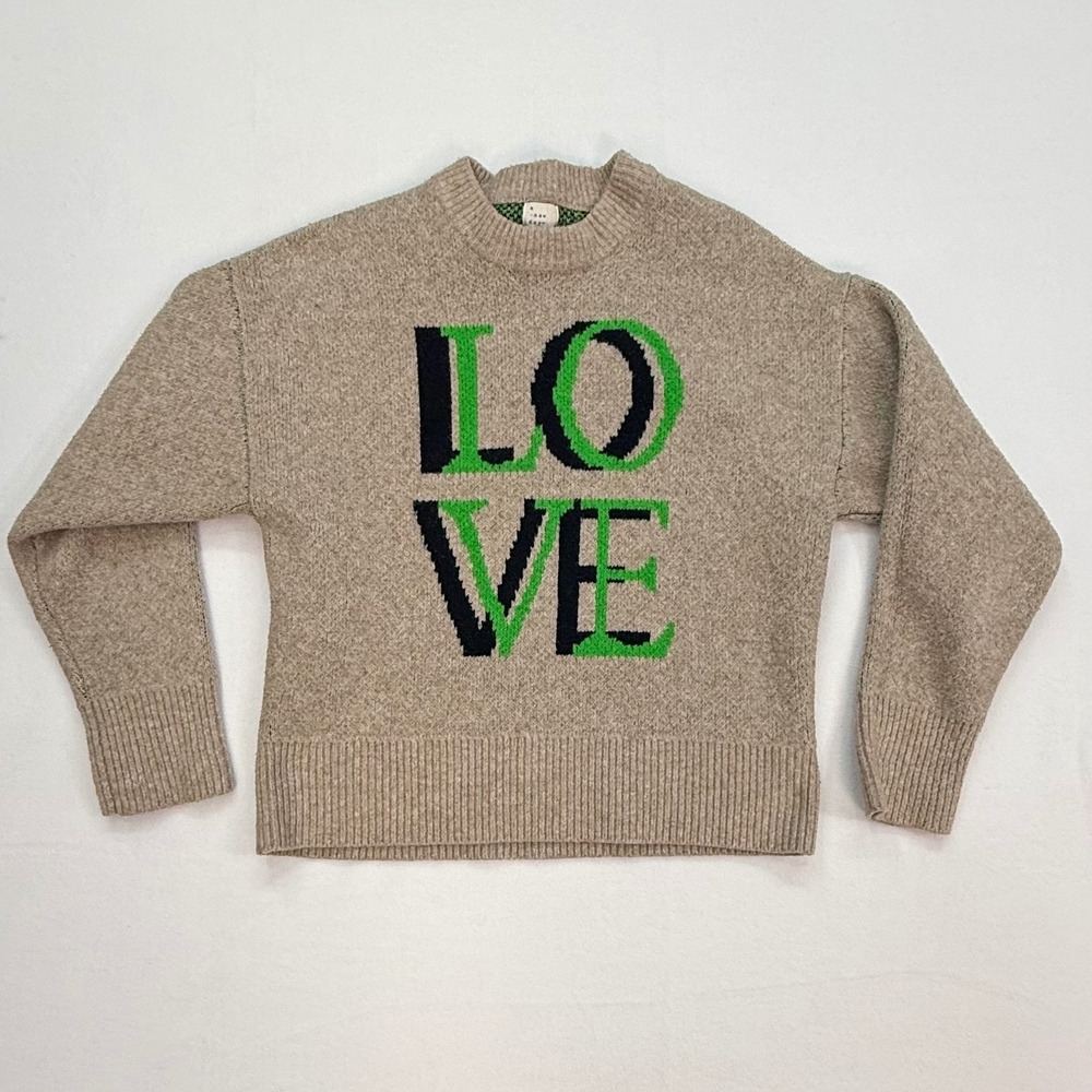 A New Day "Love" Graphic Sweater Women Medium Tan Green‎ Crewneck Knit Pullover